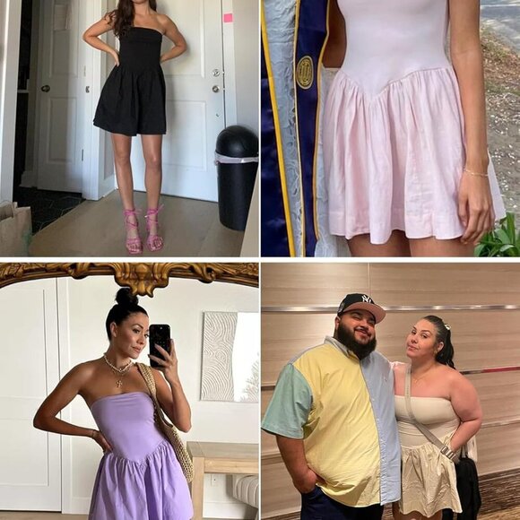 Women Mini Dress Strapless Cotton Spandex Summer Beach A Line Flowy - Picture 6 of 6